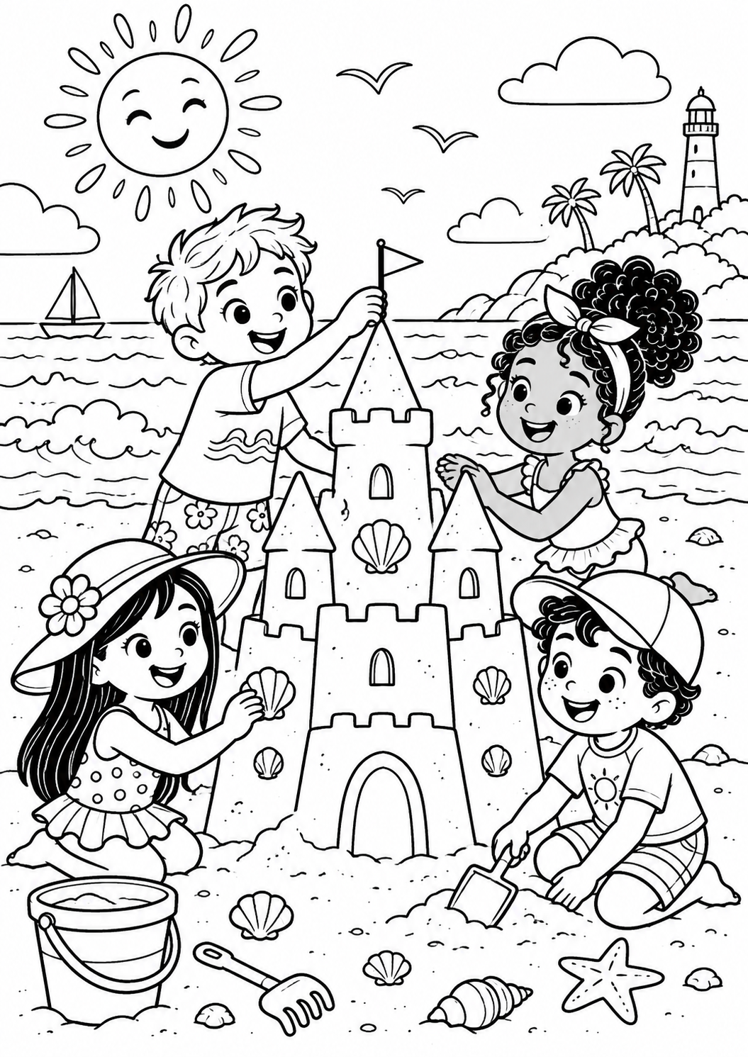 Exemplu fictiv cu patru copii construind un castel de nisip